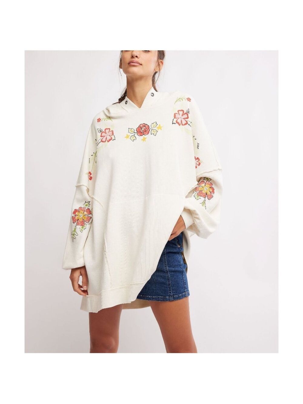 NWT We the Free Free People Ivory Combo Floral Graphic Oversized Hoodie Size XS